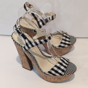 Womens Black & White Gingham Cork Platform Sandals